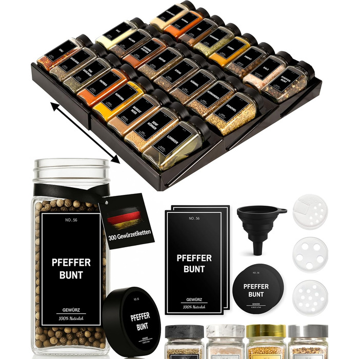 Spice Jars with Rack [24 x 120ml] including 300 Spice Labels [DE] - Spice Rack with Jars - Spice Organizer Drawer - Spice Rack Drawer with Jars Spice Rack System Black