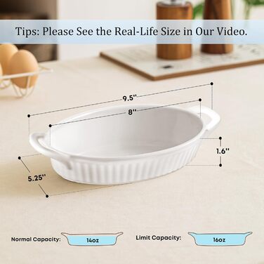Frewinky Au Gratin Casserole Dish Set, Ceramic, with Handles, Heat-Resistant, Mini Casserole Dishes for Oven, Oval Porcelain Baking Dishes for Gratin, Casseroles and Roasting, 4-Piece Set, White 4 PCS White (Soft White)