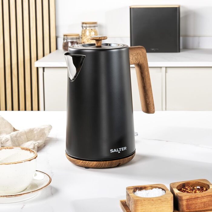 Електричний чайник Salter Toronto 1,7L, 3kW, чорний: швидке кип'ятіння, 360° підставка, фільтр від накипу, дерев'яний дизайн, бездротовий, захист від сухого кип'ятіння, автовимкнення, контролер Otter, чорний колір