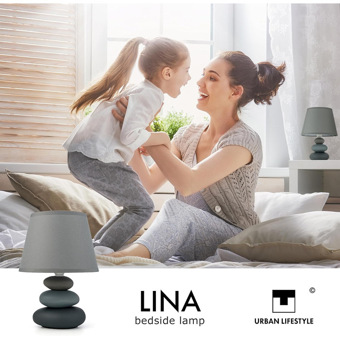 Нічна лампа 'Ліна' - керамічна настільна лампа з тканинним абажуром, сумісна з LED, E14, 230V (Сірий/Матовий)