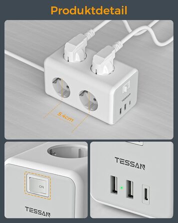 Мережевий фільтр TESSAN 6-fach з USB-C, 9 в 1 з вимикачем, 2 метри кабелю для дому та офісу