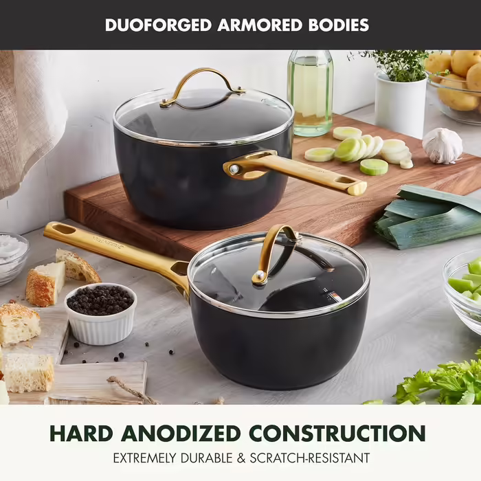 GreenPan Reserve Hartelox Ceramic Non-Stick Coating Cookware Set, 1.5QT and 3QT Saucepan Set with Lid, Gold-Colored Handle, PFAS-Free, Dishwasher Safe, Oven Safe, Black 4 Piece Set Black