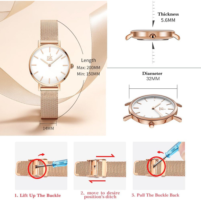 SK Ультратонкий мініатюрний жіночий годинник з двома стрілками. Елегантний годинник для жінок з шкіряним ремінцем (рожеве мереживо)