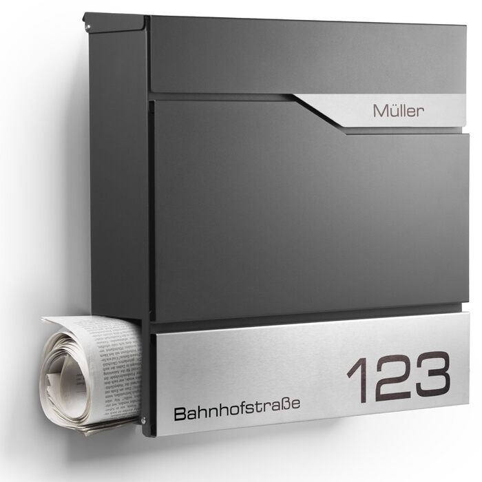 Поштовий ящик настінний Modern Manhattan антрацит RAL 7016 з газетницею та гравіюванням (Ім'я, номер будинку) - нержавіюча сталь, стійкий до УФ-випромінювання