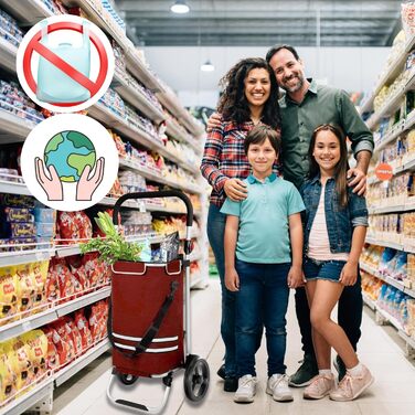 DIVID® Коляска для покупок зі складною візком, 56 л об'єм, до 50 кг вантажопідйомність, складна, сумка через плече та відділення для охолодження, складаний візок для покупок (Червоний)