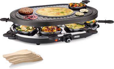 Електричний гриль Princess Raclette 8 панелей, овальний, 1200 Вт, багатофункціональна пластина з секцією для млинців, 42x30 см, чорний, нержавіюча сталь