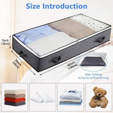 3 шт. Коробка для зберігання під ліжком - Комод під ліжко з прозорим вікном та блискавкою та ручками - Складна коробка для зберігання під ліжко для ковдр/одягу/покривал/ковдр (100x50x18 см, Темно-сірий)