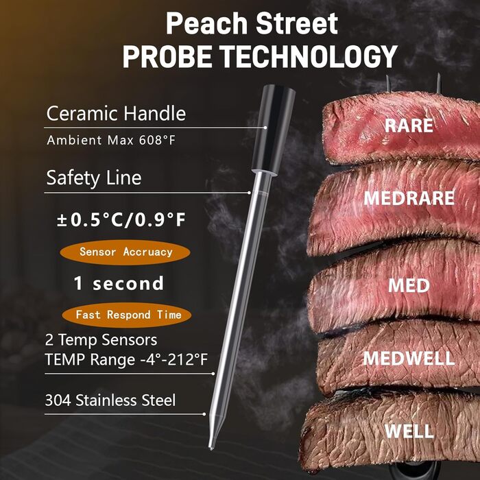 Бездротовий термометр для м'яса PeachStreet з Bluetooth, LED-дисплеєм, 150м, IP68, для кухні, гриля, духовки