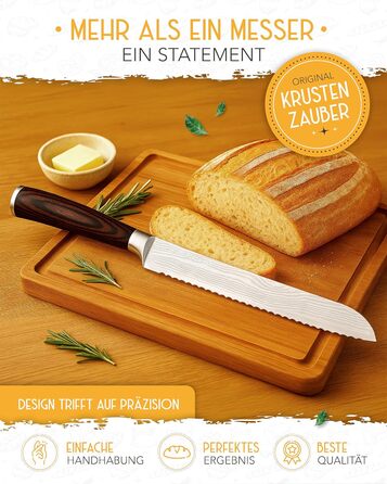 Ніж для хліба KRUSTENZAUBER з хвилястим лезом 20 см, великий ніж для хліба з довговічної нержавіючої сталі для точного та легкого нарізання, пиляльний ніж для хліба та булочок (26 см, дерев'яний грифель)