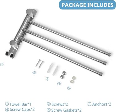 Тримач для рушників настінний поворотний 180° з нержавіючої сталі з 4-ма кріпленнями, для ванної, кухні та гардеробу, сріблястий