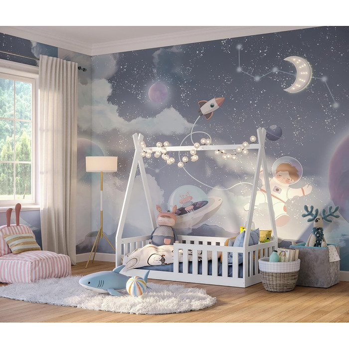 Bellabino Tajo Tipi Bed Base for Children 70x140 cm, House Bed made of Solid Pine Wood with Fall Protection/Fence and Slatted Frame in White for Children from 3 Years 70 x 140 cm White