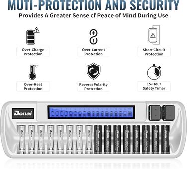 Зарядний пристрій BONAI для акумуляторів 18 слотів, універсальний, швидкий, LCD, для AA, AAA, 9V, NI-MH/NI-CD