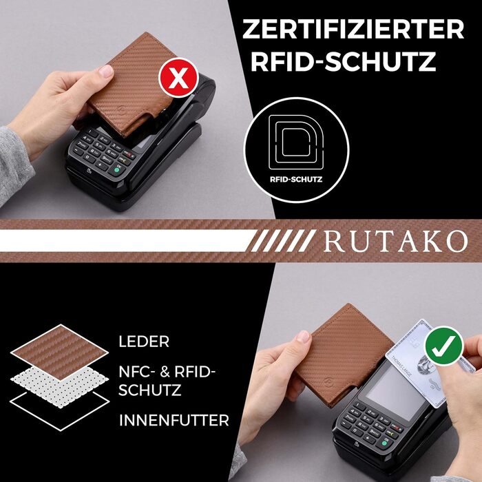 RUTAKO Slim Wallet with XL Coin Pocket & RFID Protection - Card Holder for Men & Women - Small Credit Card Holder - Mini Wallet - Purse/Wallet Small - Wallet Carbon-Cognac
