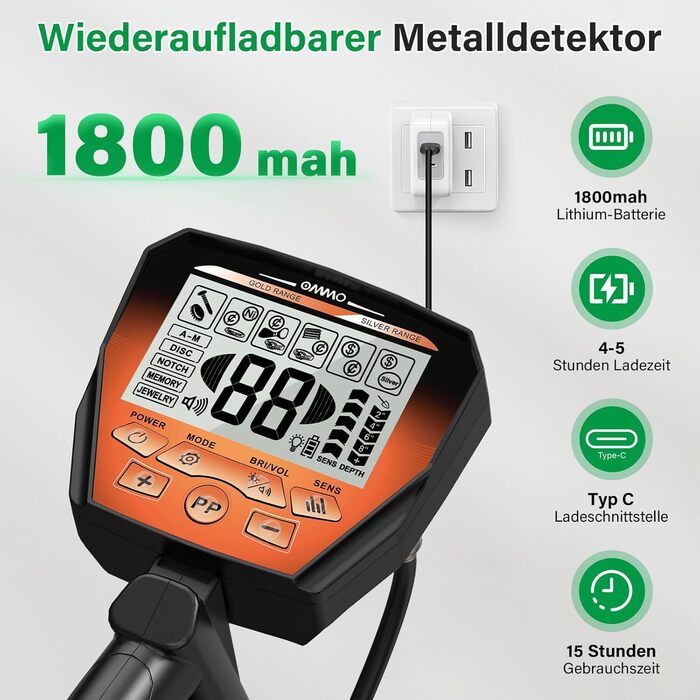 Металодетектор OMMO Profi для дорослих та дітей, USB, пошук золота, 6 режимів, водонепроникний IP68, прецизійний, комплект з лопаткою (Помаранчевий)