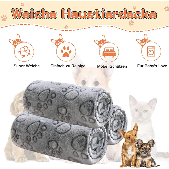 3 шт. м'яка ковдра для собак, котів, 110x80 см та 80x100 см, сіра. Практична, миюча, для дому та подорожей.
