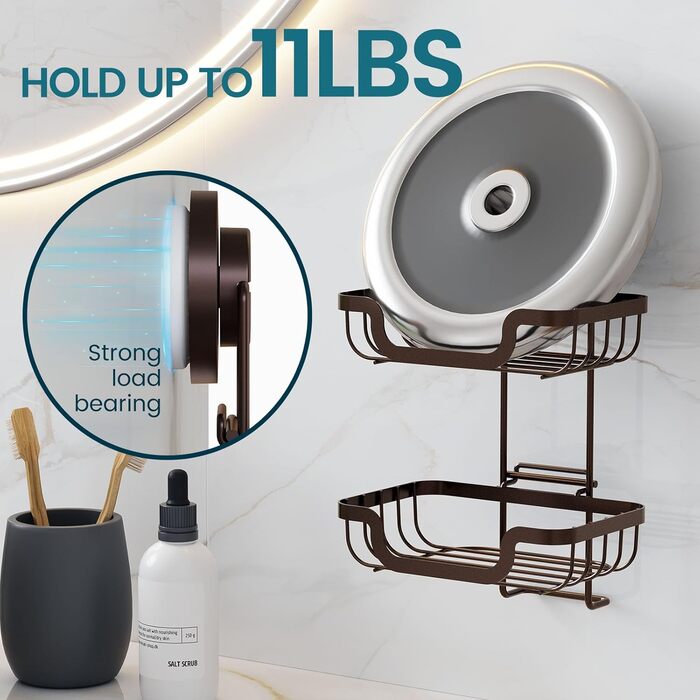 TAILI Shower Soap Dish with Drain and Hook, MAX Holds 5 KG, Stainless Steel Soap Dishes No Drilling, Bathroom Soap Holder Wall Mount, Double Soap Holder with Suction Cup, Sponge Holder, Brown