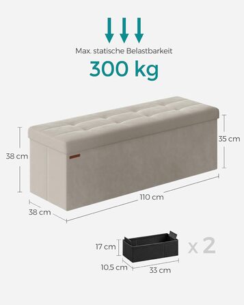 Скриня-банкетка SONGMICS з місцем для зберігання, складана, 110×38×38 см, пуф для передпокою, спальні, вітальні, кремово-біла, витримує до 300 кг