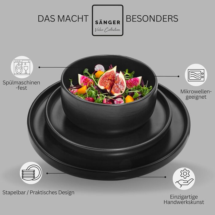 SÄNGER Madeira | Coffee Mug Set for 6 People, 6-Piece Stoneware Coffee Cups Set, Dishwasher-Safe and Microwave-Safe Teacup Set, Multifunctional Coffee Mug Black 350 ml | VALUE COLLECTION