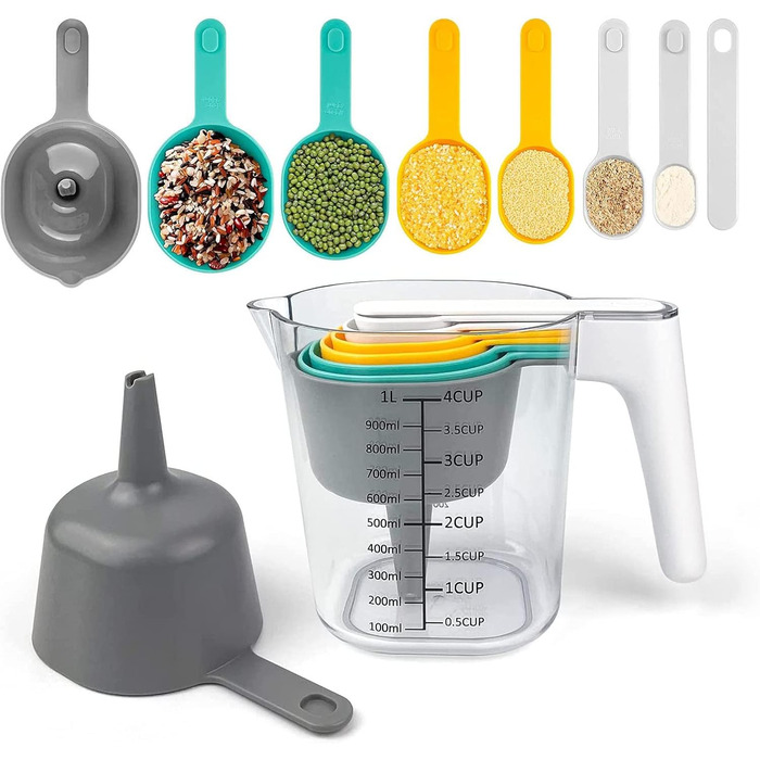 TOMYEUS Measuring Cups and Spoons Set, 9 Piece, Plastic, Cooking and Baking Kitchen Gadget
