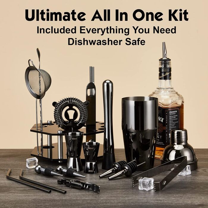 Набір для коктейлів 21 предмет | Набір шейкерів для коктейлів з обертовим підставкою | Шейкер з міцної нержавіючої сталі з аксесуарами | У комплекті стильна чорна подарункова коробка | Барний набір (Чорний)