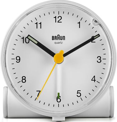 Braun Classic analog alarm clock with snooze function and light, quiet quartz movement, crescendo alarm in white, model BC01W.