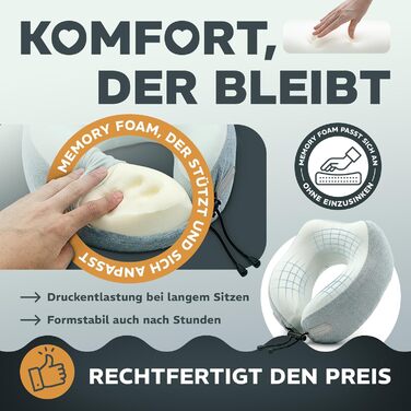 Подушка для шиї Sei Design для подорожей на літаку з Memory Foam, сірого кольору 32x32x11 см