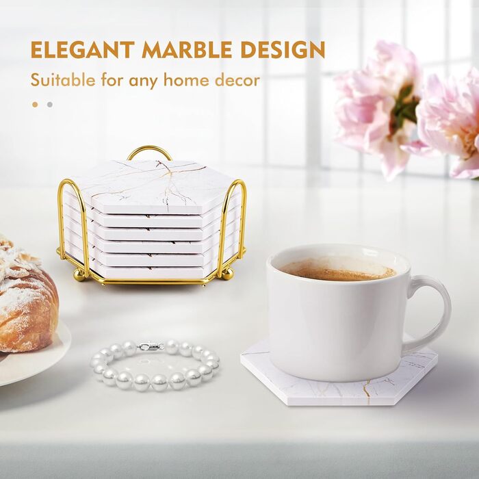 Marble-Style Coasters, Set of 6 - Drink Coasters for Wood Table with Metal Holder - Gold-Colored Ceramic Cup Set - Rustic Home Decor, Room Decor, Party (Luxury White Gold Marble 05)