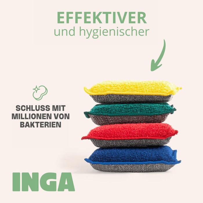 INGA - 4 x Reusable, Washable Sponges - Highly Effective, Scratch-Free - Double-Sided - Switches to a washable sponge that lasts ONE YEAR