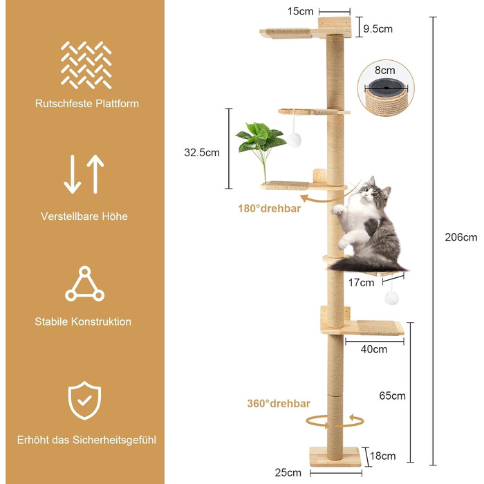 Кігтеточка-стійка для котів 206 см з натурального каучукового дерева, 5 ярусів, настінна, з широкою основою, плюшевими кульками, 360° обертання, XXL кігтеточка для котів для лазіння та дряпання