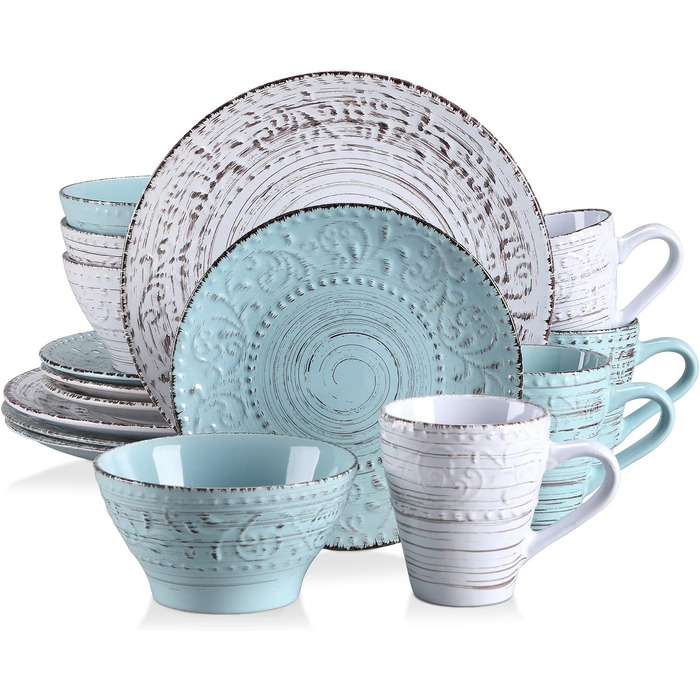 Tableware stoneware, vancasso VINE Ess Geschirrset, 16-piece combination tableware set with 4 dinner plates, cake plates, bowls, and cups each for 4 people, embossed vine design 16-piece tableware set Vine series
