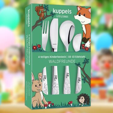 Дитячий набір столових приборів Kinderbesteck Waldfreunde з гравіюванням імені - персоналізований посуд - унікальний хрещення для хлопчика/дівчинки - 4-х предметний набір