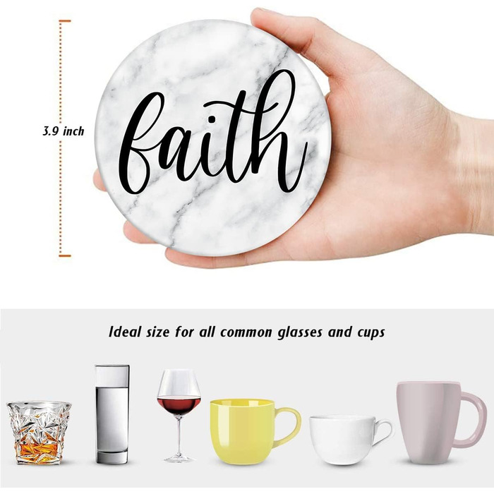 Britimes Drink Coasters, Set of 6, White Marble, Inspiring Love, Absorbent, Round, Ceramic-Stone Mat, with Cork Bottom and Metal Holder, Housewarming Gift, Bar, Decor
