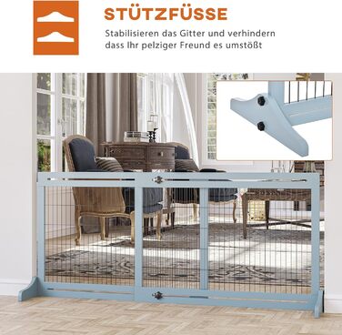 PawHut Wooden Pet Gate - Extendable Dog Barrier with Footrest, Freestanding Baby/Pet Gate, Stairway Gate, Fireplace/Oven Gate, Gray Blue, 104-183 x 36 x 69 cm