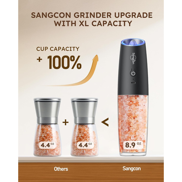 Електричний набір для солі та перцю Sangcon Gravity, 255г, USB-зарядка, LED-підсвітка, регулювання помелу, автоматичний млин (чорний)