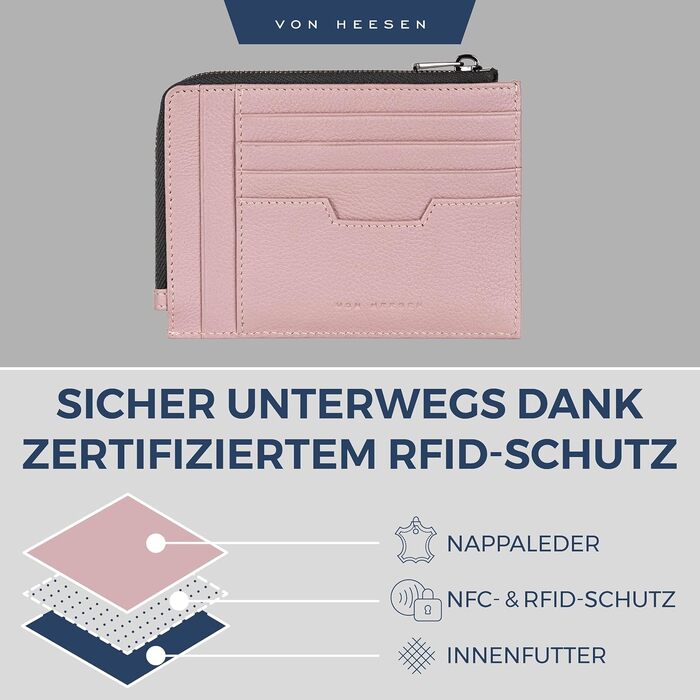 Шкіряний RFID картхолдер VON HEESEN з натуральної шкіри наппа, портмоне для кредитних карток на 9 відділень, унісекс (Колір: Лаванда)