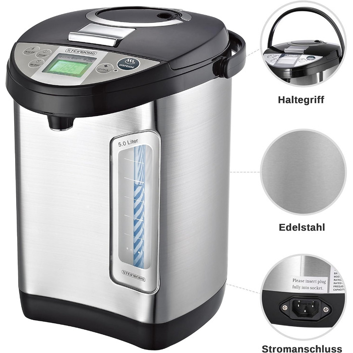 5 Liter Thermopot | Water Dispenser | LC Display | Perfect for Mulled Wine | Stainless Steel Hot Water Dispenser | Water Boiler/Mulled Wine Boiler | Dispenser | Tea Boiler | Thermos | Mulled Wine Dispenser