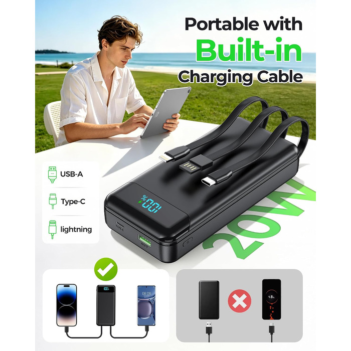 Power Bank Enerwow 27000mAh з USB-C кабелем, 4 порти, LED-дисплей - Зовнішній акумулятор для iPhone та інших пристроїв (Чорний, P300C)