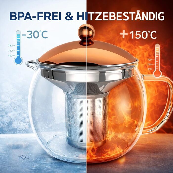 Скляний чайник Teekanne 1,5л з ситом із нержавіючої сталі та кришкою під мідь, заварник із боросилікатного скла для листового чаю