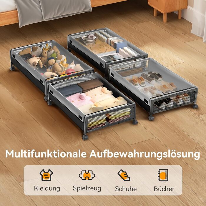 Підліжкова комода з колесами 2 шт., 48 л, ящик для зберігання під ліжком з кришкою та металевим каркасом, складана підліжкова коробка з колесами для одягу, постільної білизни, взуття, 48 л * 2, липучка