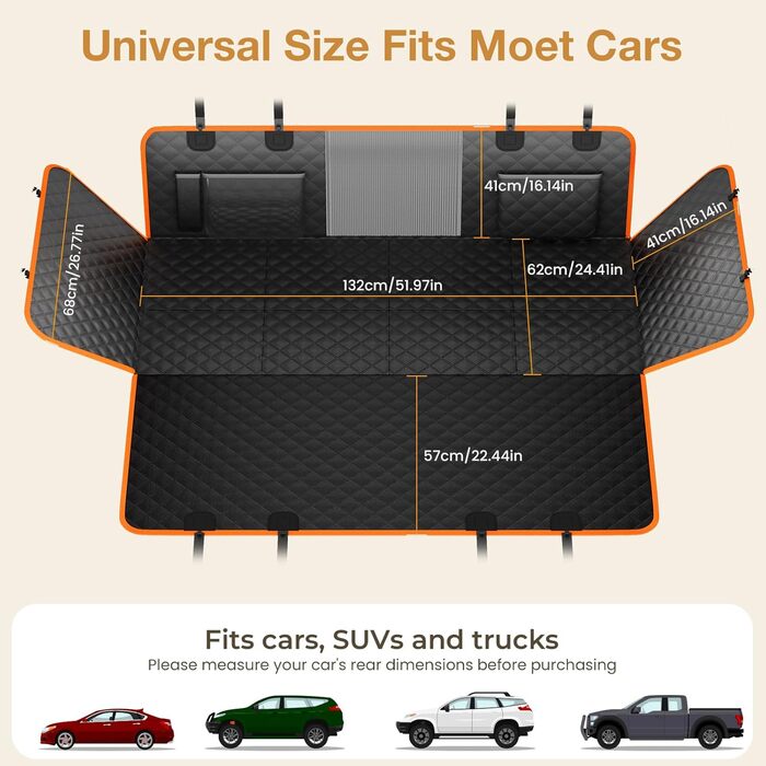 Плед для собак Pecute, захист заднього сидіння авто, підтримка жорстких поверхонь до 150 кг, покриває все заднє сидіння, для подорожей, ветеринара, авто/SUV/пікапи, чорний/оранжевий
