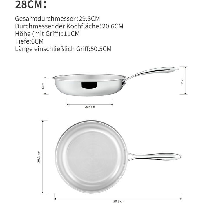 Нержавіюча сковорода 28 см, 5-шарова, для посудомийної машини та духовки, індукційна, рівномірний розподіл тепла