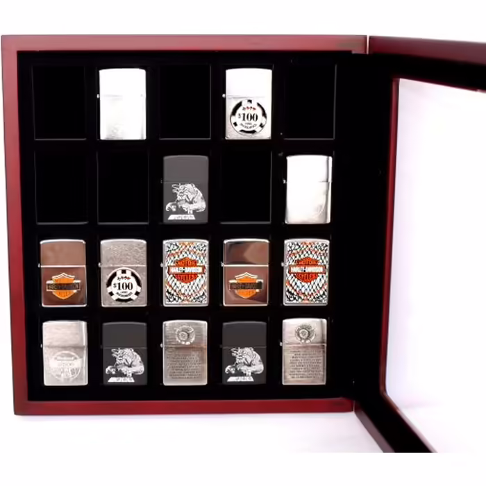 Display cases for 20 lighters, made of wood and glass, beautiful presentation