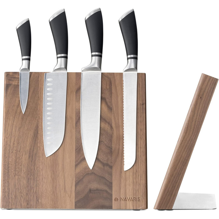 Navaris Magnetic Knife Holder from Walnut Wood 27.7x 27.5x12cm - Magnetic Knife Block Knife Board Wood Magnet Holder - Knife Holder Unfurnished Brown