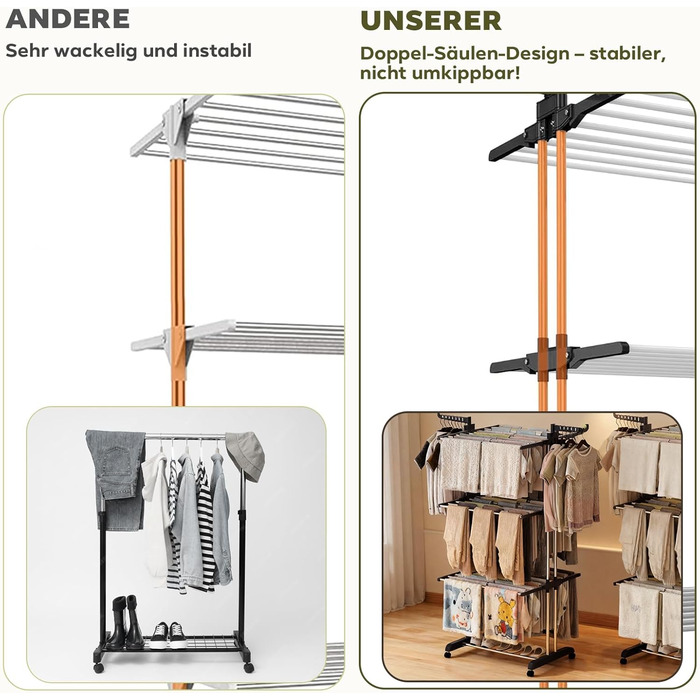 Сушарка для білизни Tower з колесами | 4-ярусна сушарка з нержавіючої сталі з 6 відкидними крилами та 2 боковими сторонами | 76x50x172 см | Компактна, складна для балкона, ванної кімнати та саду | Чорний