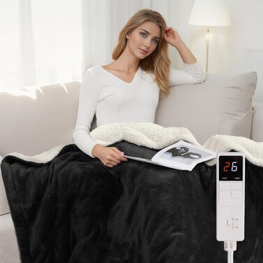 Електрична ковдра з автовимкненням – 130 × 180 см, 9 режимів нагріву + 9-годинний таймер, захист від перегріву до 8 годин, м'яка та приємна до тіла для дому та офісу, чорна