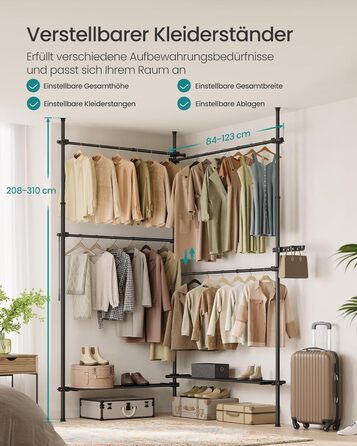 SONGMICS Telescopic Rod Clothes Rack, 3-Tier Wardrobe, Height and Width Adjustable, Open Clothes Closet with 2 Garment Rods and Removable Shelf, Grab Arm, HSR136B01 (Matte Black, 2 Rows (162B~238B) cm)