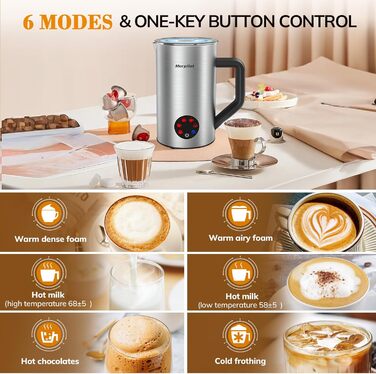Електричний піногасник для молока Morpilot, 650W, нержавіюча сталь, 350мл, для гарячого та холодного молока, сумісний з посудомийною машиною