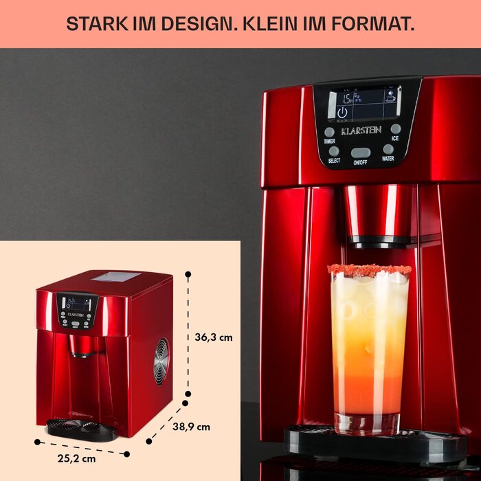 Машина для приготування льоду Klarstein Eiswürfelmaschine Klein, 2L, червона, з дозатором води, для 12 кг льоду, швидка, з сигналом