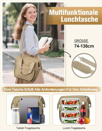 Термосумка 20 л, водонепроникна ізольована сумка/ланч-сумка з великим отвором, виготовлена з витокостійкого матеріалу PEVA, з кількома відділеннями та плечовим ременем – для роботи, школи, автомобіля, пікніка (Хакі)