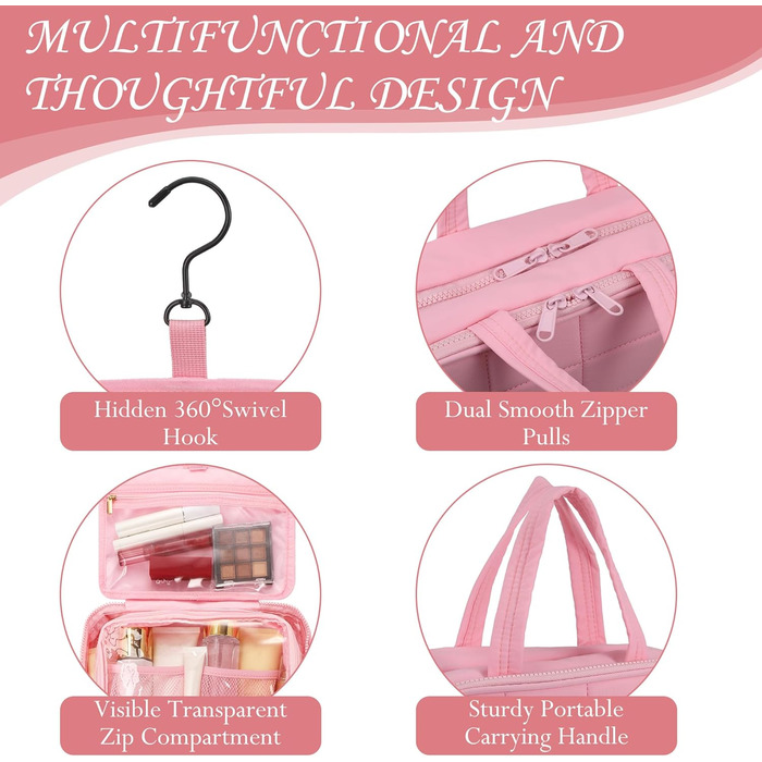 Кришталево-рожева дорожня косметичка для жінок з організатором для прикрас та гачком, водонепроникна, з кількома відділеннями